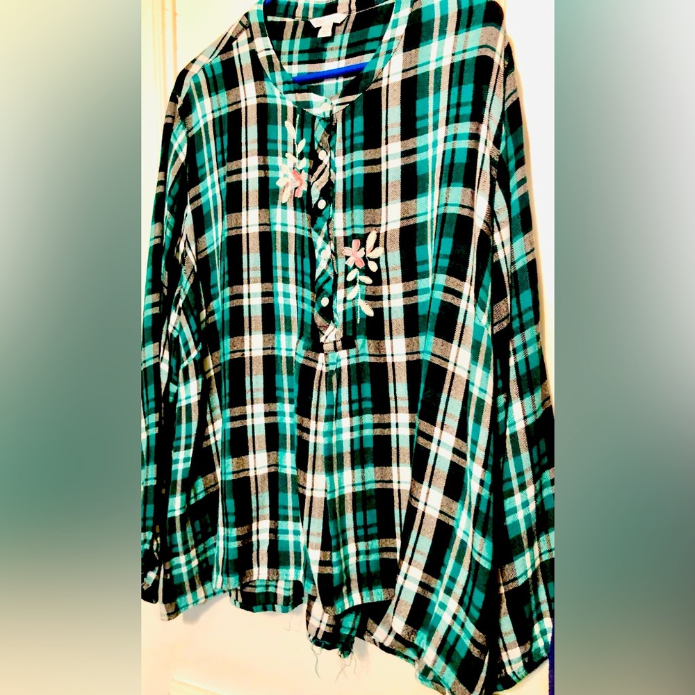 Vintage Cato Plaid Top Emerald Green Black White Embroidery Flowers Size 26W